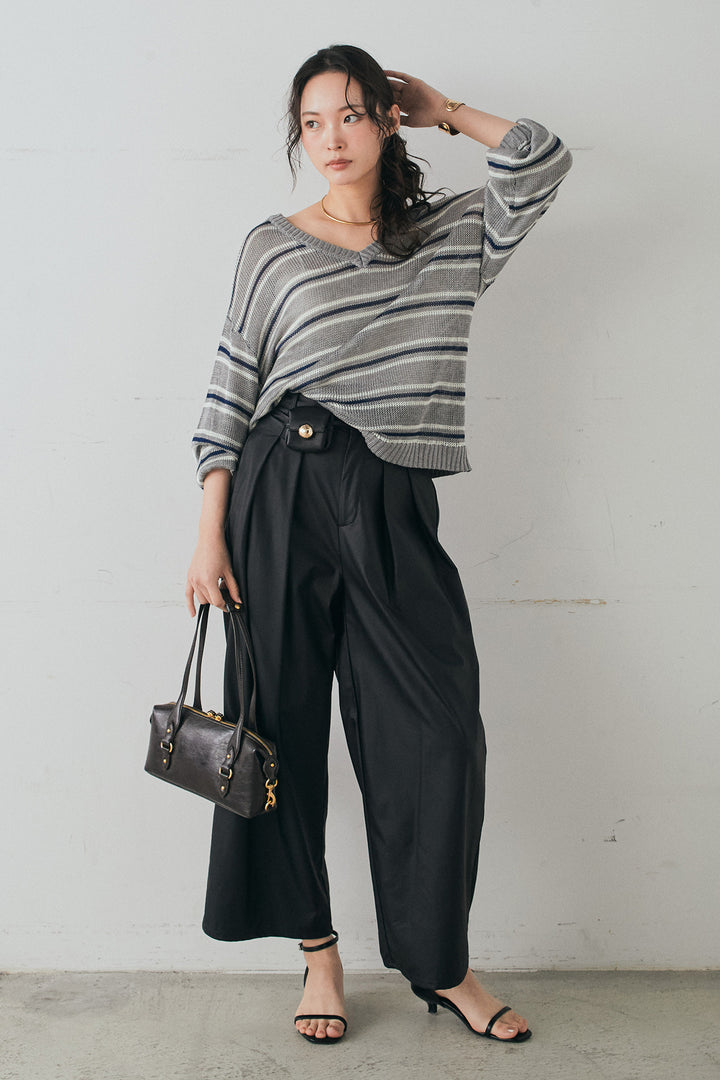 [SET]綿タッチVネックボーダートップス+ウォッシャブルエコレザータックパンツ(2set)