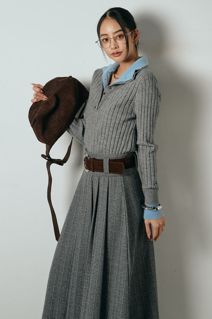 [SET]レイヤード風リブニットトップス+太ベルト付きヘリンボーンプリーツスカート(2set)