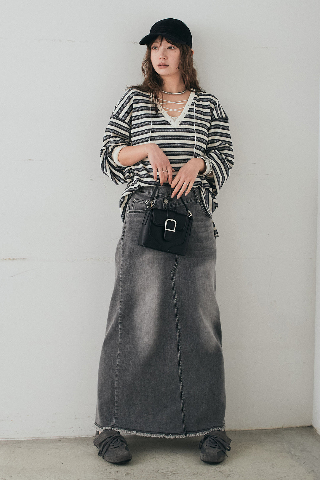 [SET]レースアップワッフルボーダートップス+ウエストクロスデニムタイトスカート(2set)