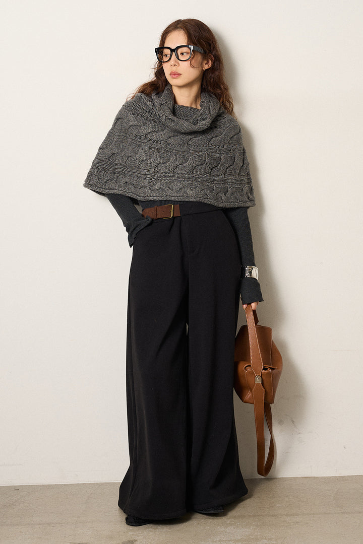 [SET]ケーブル編みケープレイヤードニット+サイドベルトパンツ(2set)