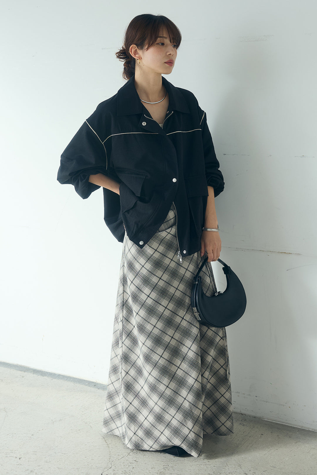 [SET]合繊ツイルバルーンジャケット+タータンチェック柄フロントデザインスカート(2set)