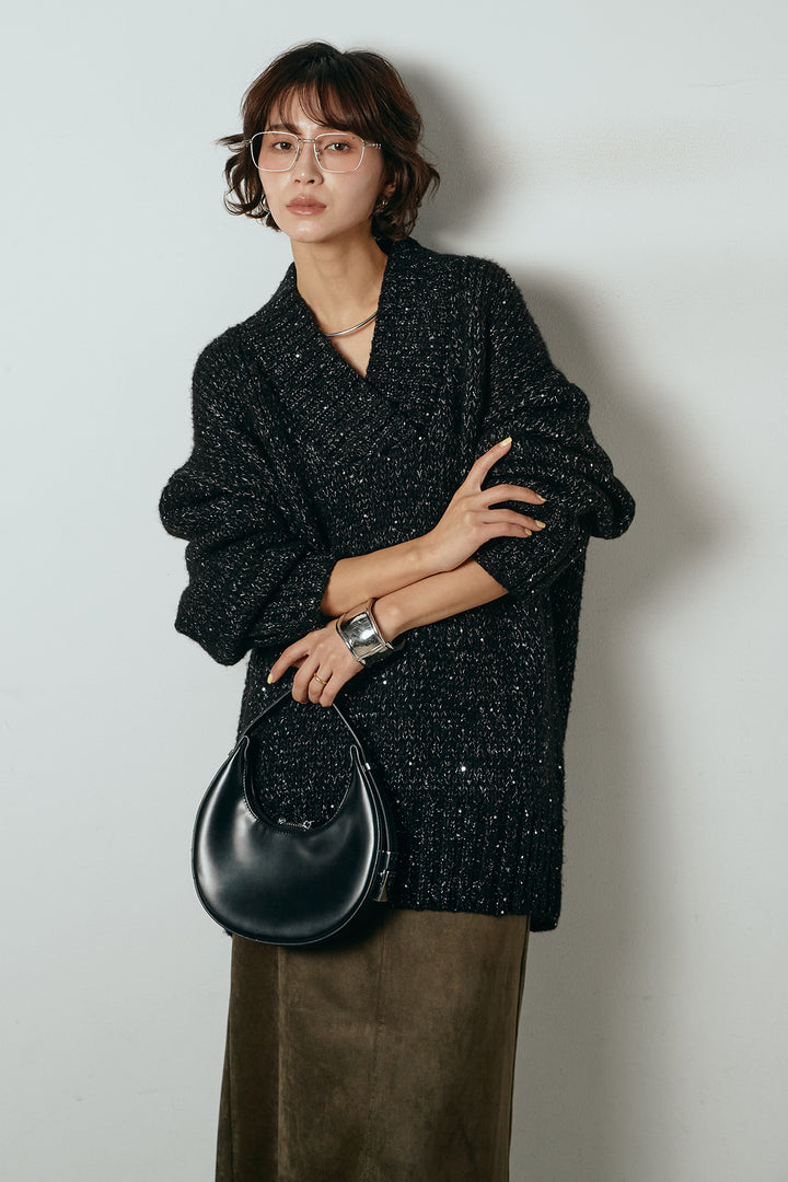 [SET]Vネックラメニットトップス+スウェードライク裾フリンジスカート(2set)