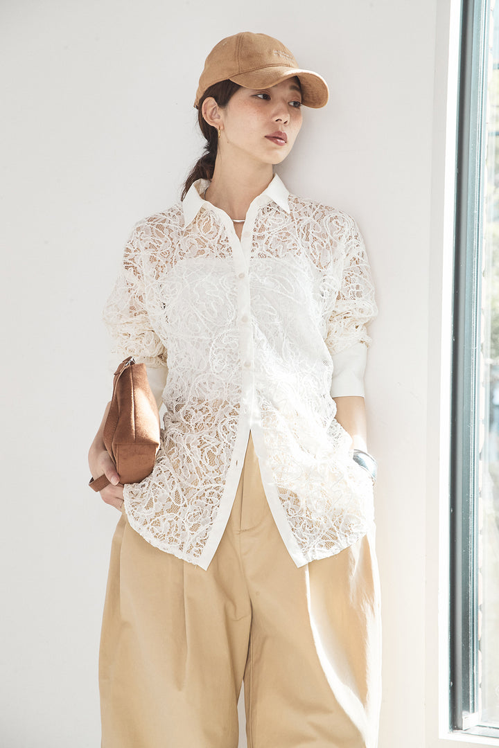 [SET]刺繍レースオーバーサイズシャツ+合繊ツイルパイピングタックカーブパンツ(2set)