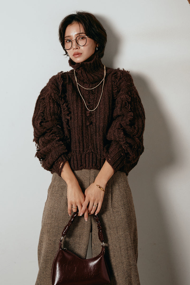 [SET]フリンジタートルショートニット+クラシックヘリンボーンサロペット(2set)