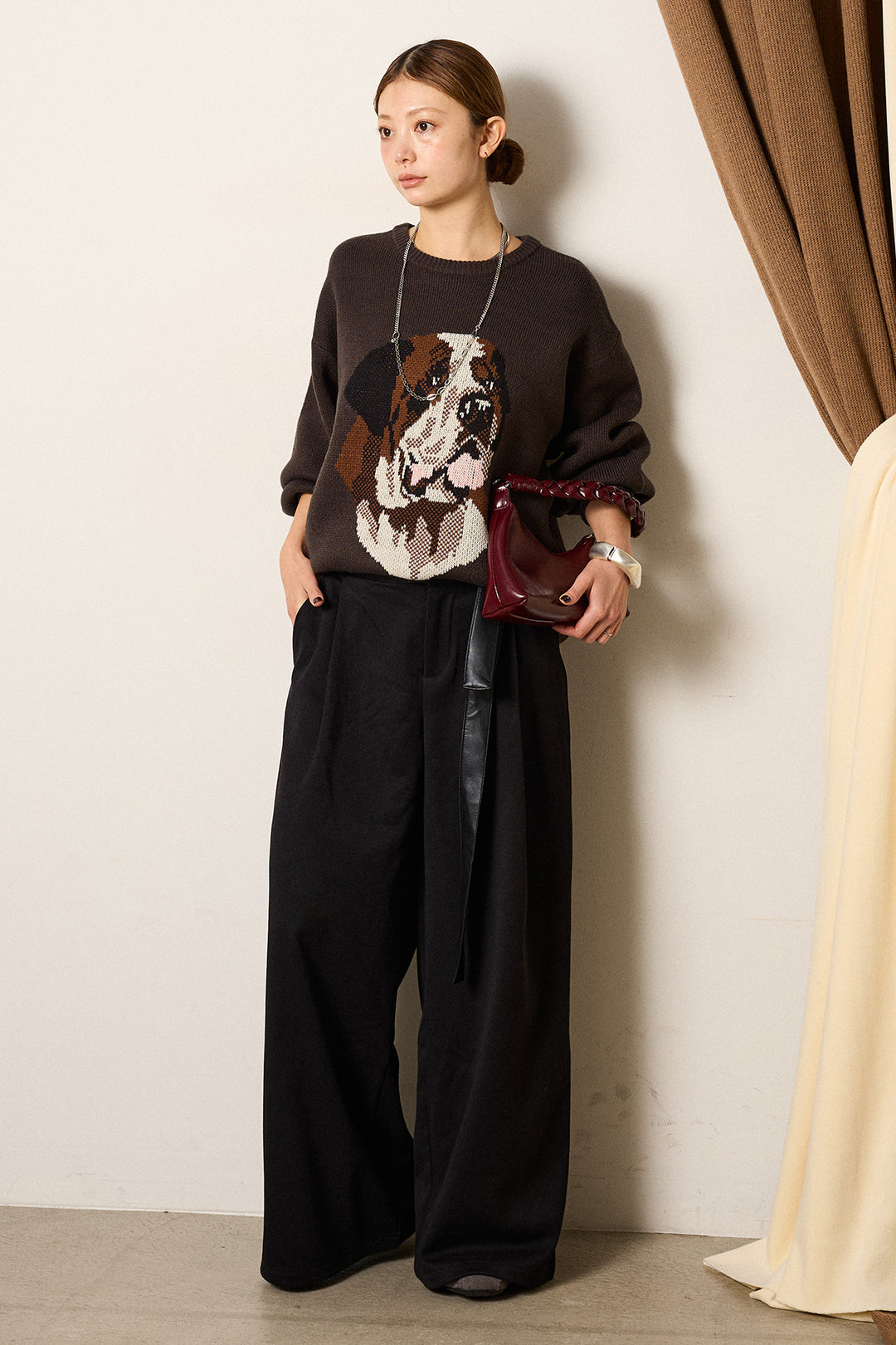 [SET]アニマルジャガード柄ニットトップス+巻ベルトウエストレザーライクワイドパンツ(2set)