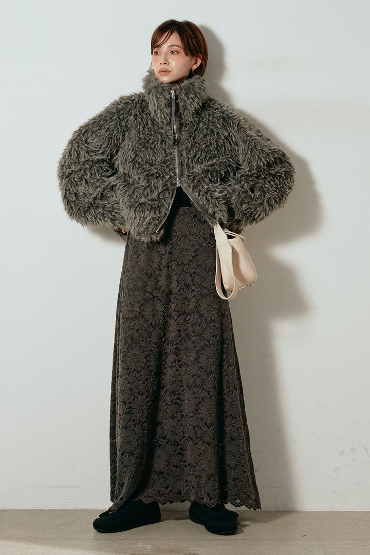 [SET]ミックスシープファースタンドブルゾン+花柄刺繍ベロアフレアスカート(2set)