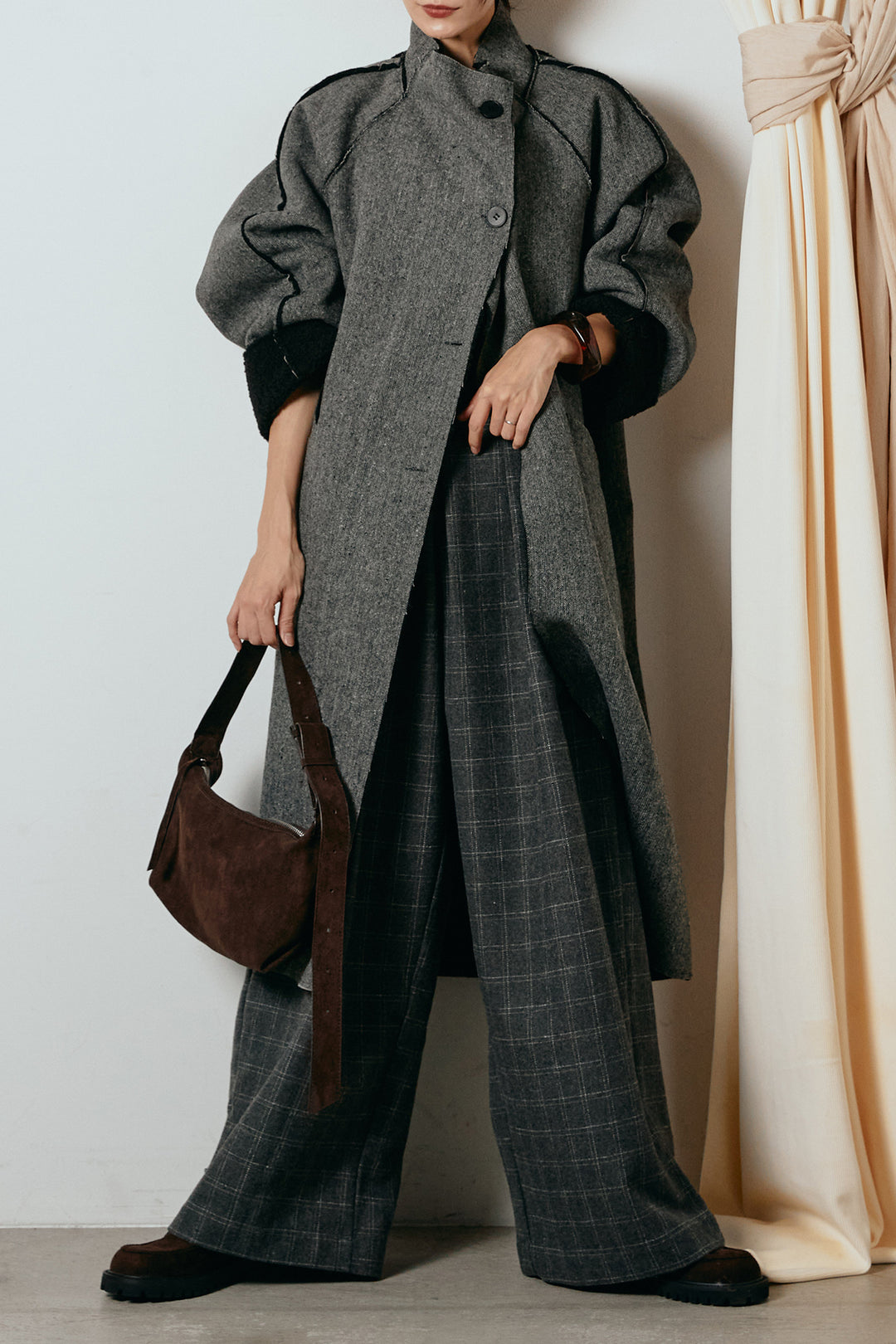 [SET]裏地ボアハイネックロングアウター+ウールライクチェックタックパンツ(2set)