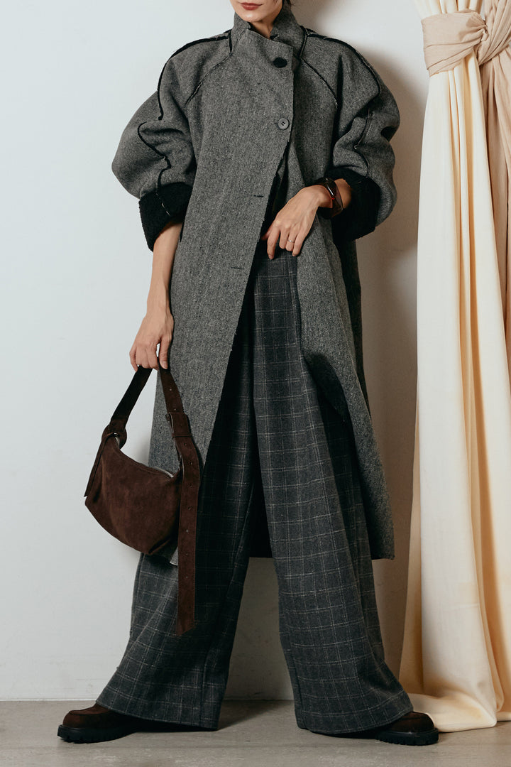 [SET]裏地ボアハイネックロングアウター+ウールライクチェックタックパンツ(2set)
