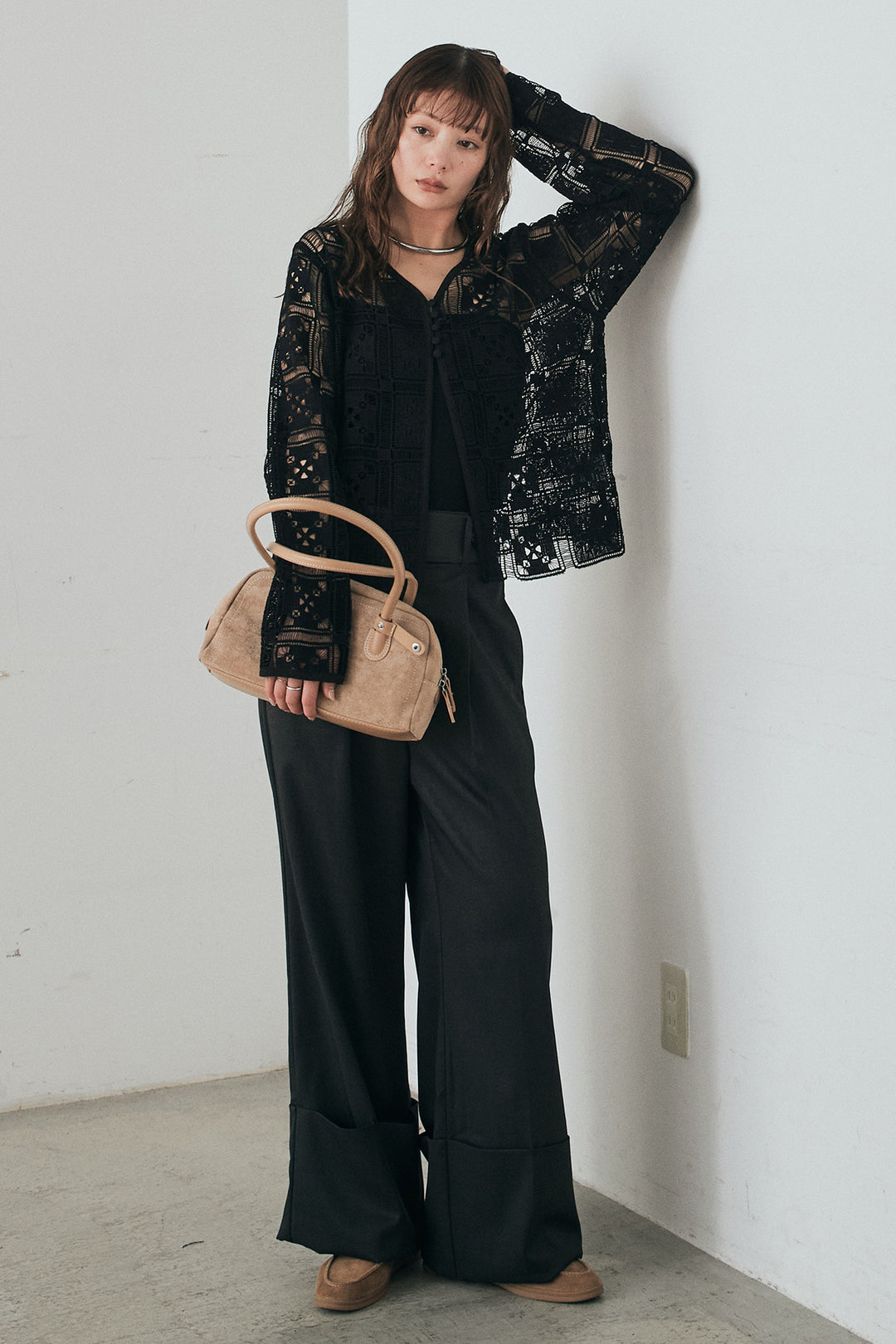 [SET]クロシェレースカーディガン+センタープレスセミワイドパンツ(2set)