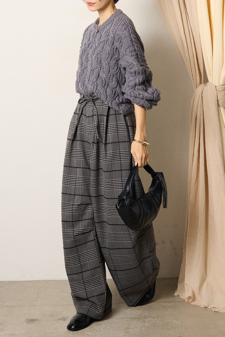 [SET]ケーブルリラックスショートニット+グレンチェックルーズタックパンツ(2set)