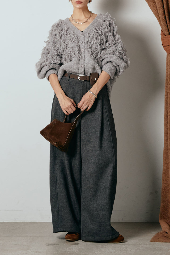 [SET]ループ編みVネックニットカーディガン+ポーチベルト付きカーブパンツ(2set)