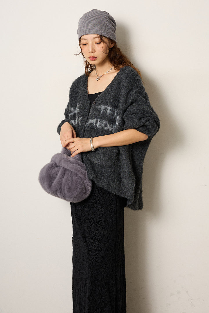 [SET]ウール混透かしロゴニットカーディガン+花柄刺繍ベロアフレアスカート(2set)