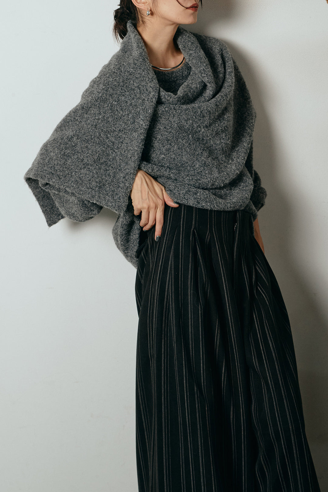 [SET]ネック巻きデザインニットトップス+タック入りマルチストライプ柄ワイドパンツ(2set)