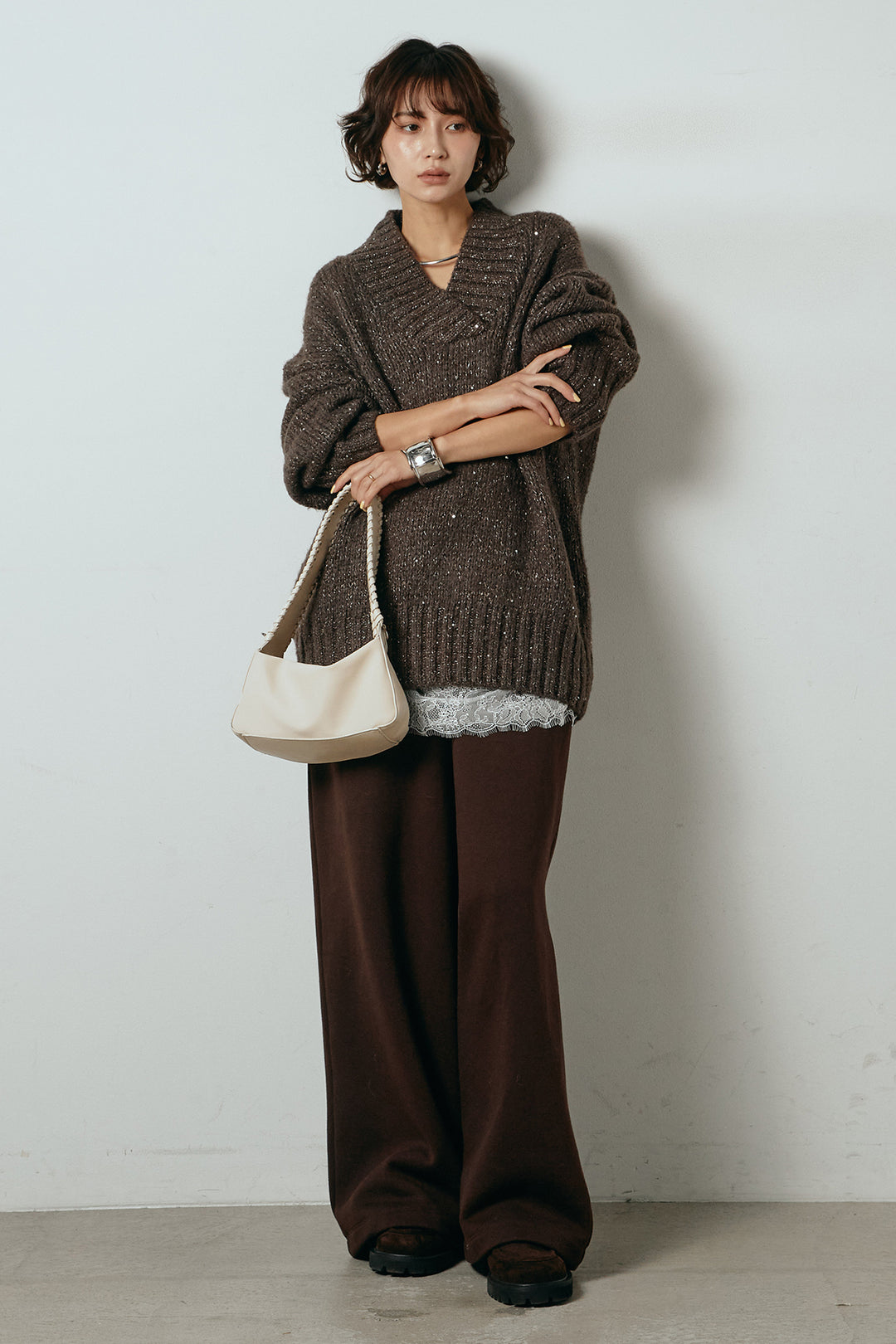 [SET]Vネックラメニットトップス+レース切り替えキャミソール(2set)