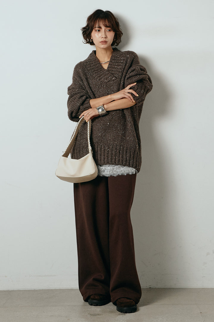 [SET]Vネックラメニットトップス+レース切り替えキャミソール(2set)