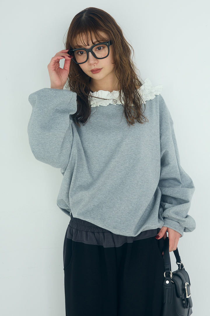 [SET]ネックギャザーフリルスウェット+異素材切り替えスウェットパンツ(2set)