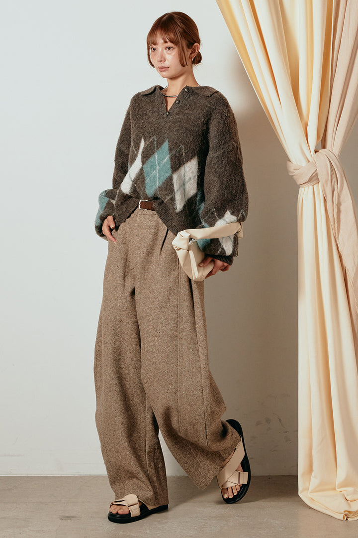 [SET]アーガイル柄ポロニットトップス+ベルト付きネップツイードカーブパンツ(2set)