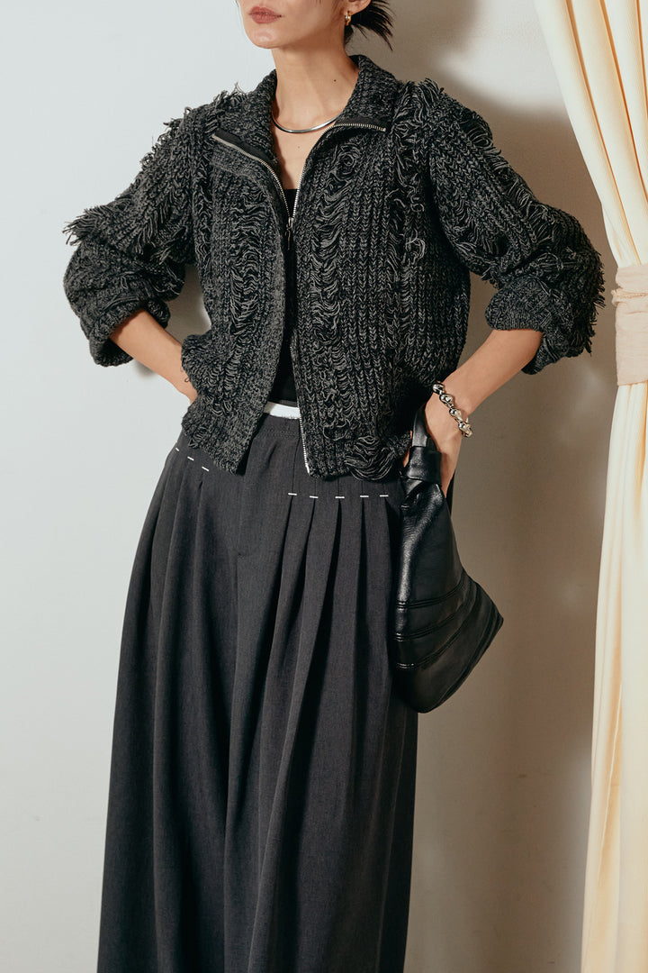 [SET]ハイネックフリンジジップニットトップス+ウエストステッチデザインワイドスラックス(2set)