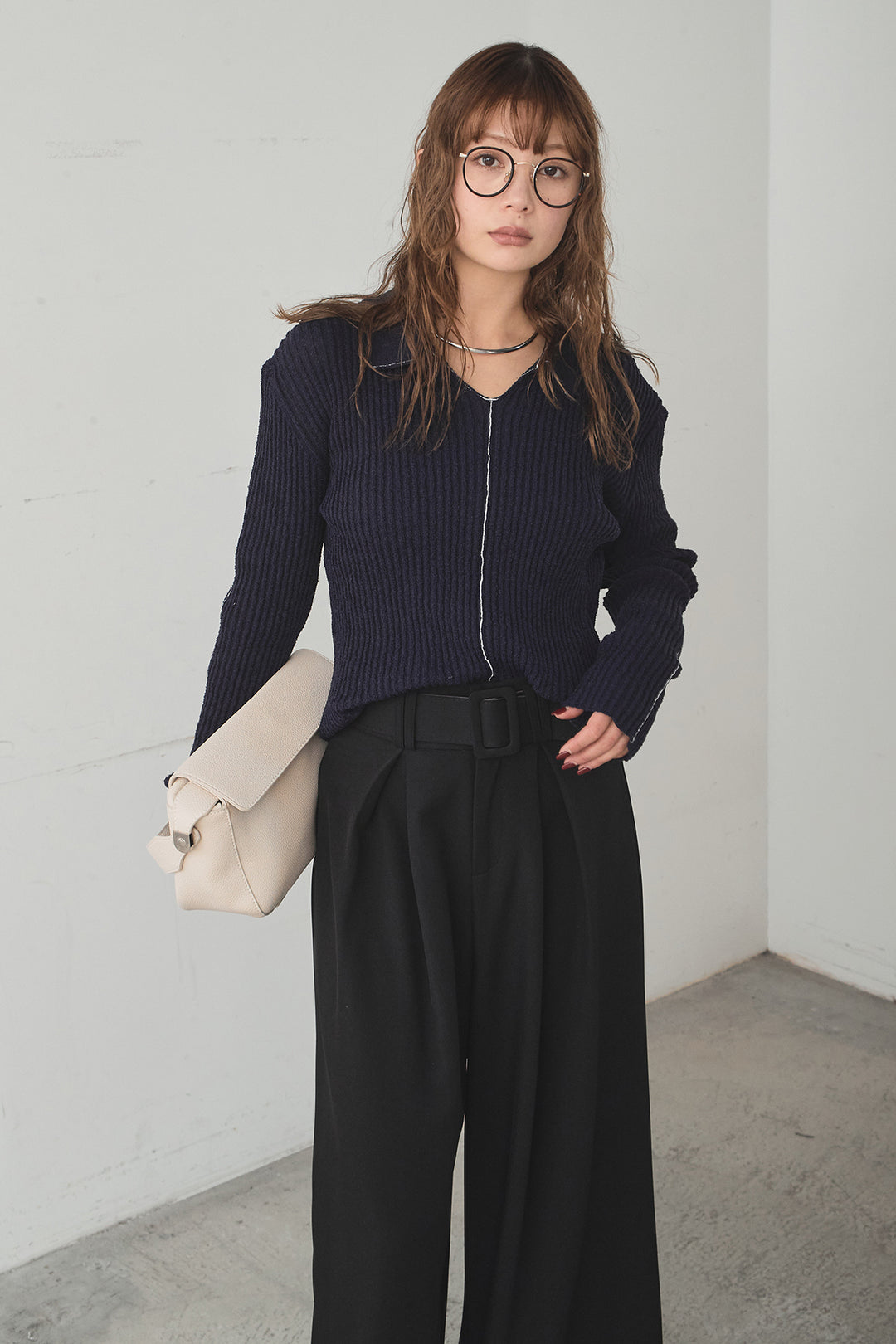 [SET]衿付きニットプルオーバー+ベルト付きツータックワイドパンツ(2set)