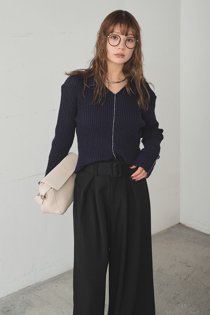 [SET]衿付きニットプルオーバー+ベルト付きツータックワイドパンツ(2set)