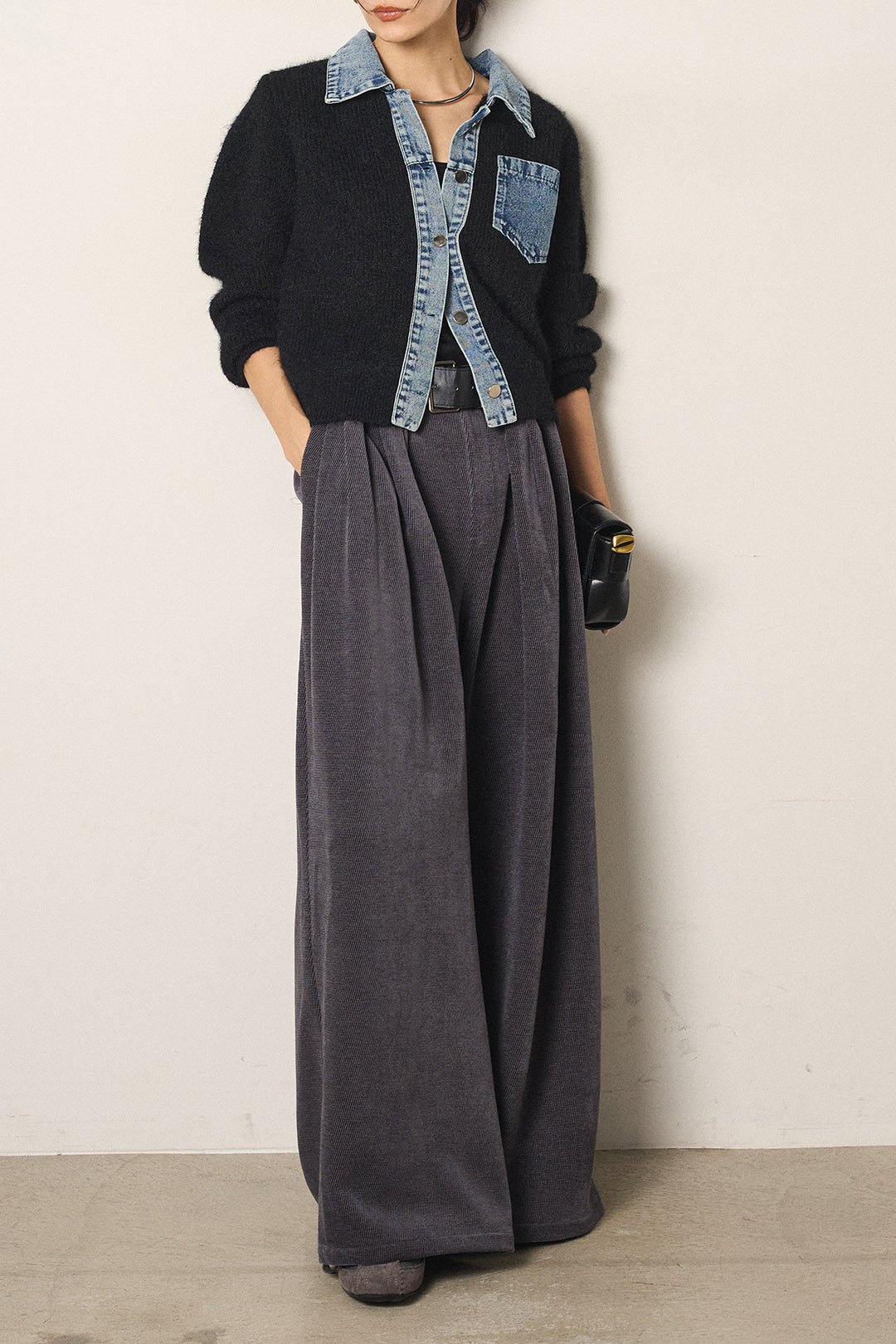 [SET]襟付きデニム切替ニットカーディガン+ベルトループコーデュロイワイドパンツ(2set)