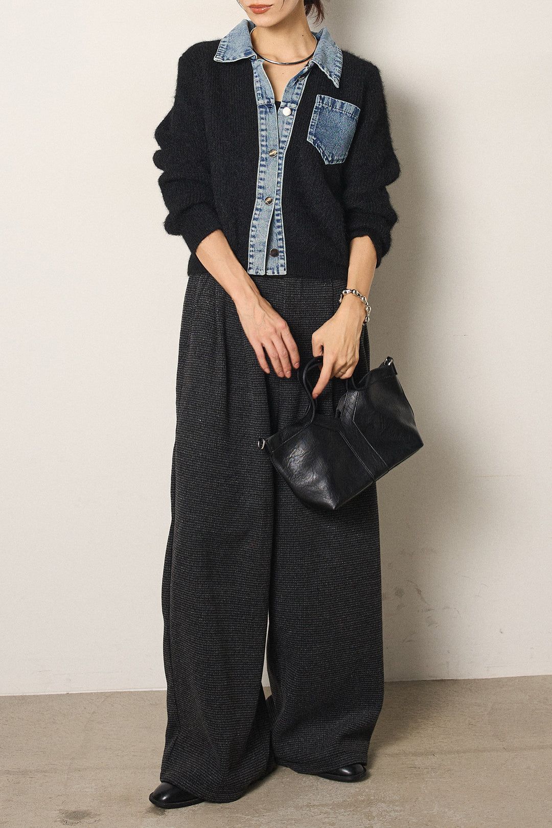 [SET]襟付きデニム切替ニットカーディガン+起毛タック入りツイードワイドパンツ(2set)
