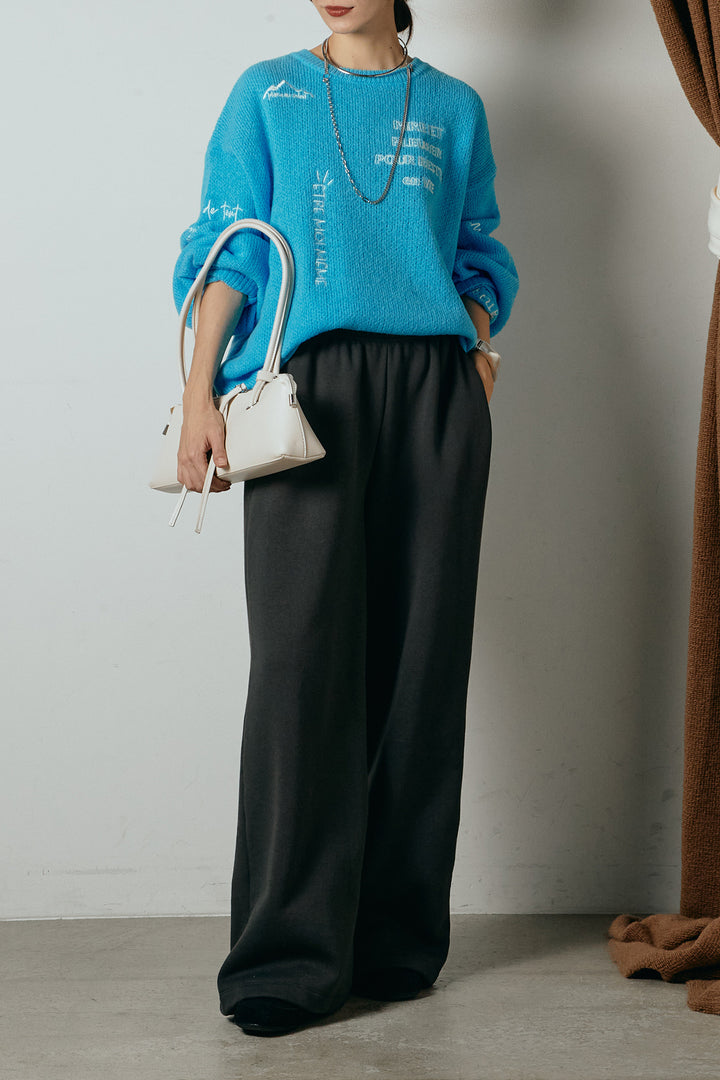 [SET]刺繍ロゴランダムデザインニットトップス+裏起毛スウェットワイドパンツ(2set)