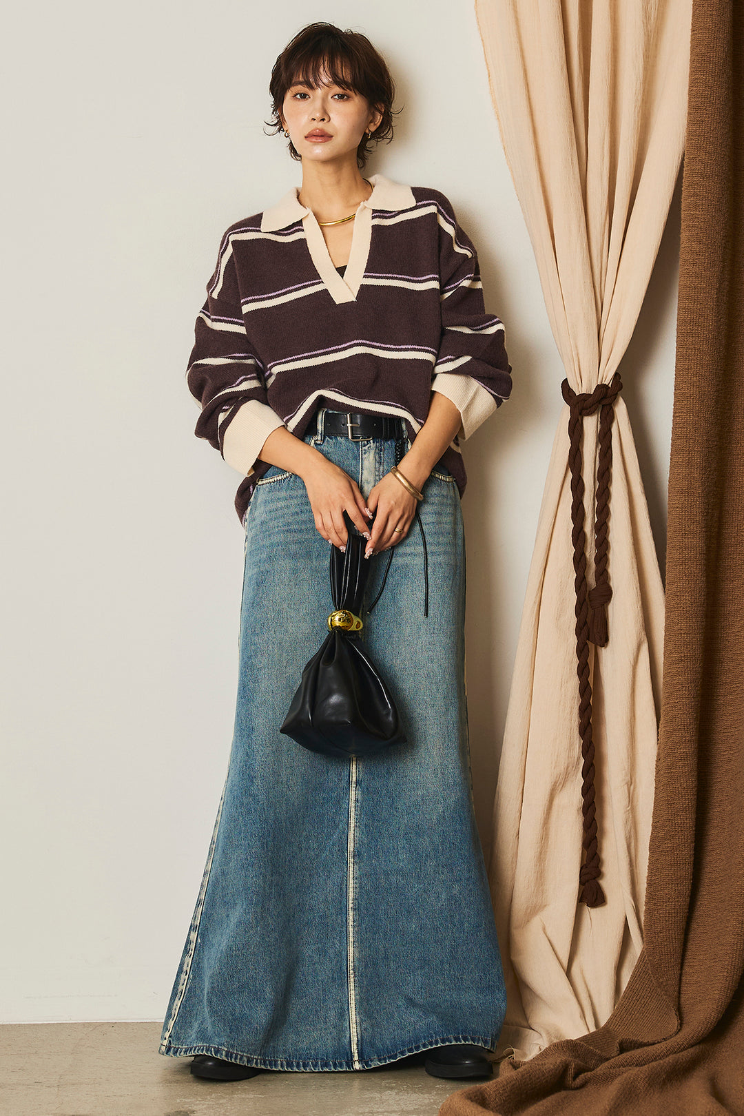 【即納】フェイクレザー太ベルト付きデニムワイドスカート