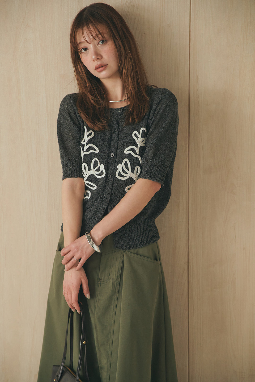 [SET]フロントテープデザイン半袖カーディガン+ミリタリーツイルタックフレアスカート(2set)