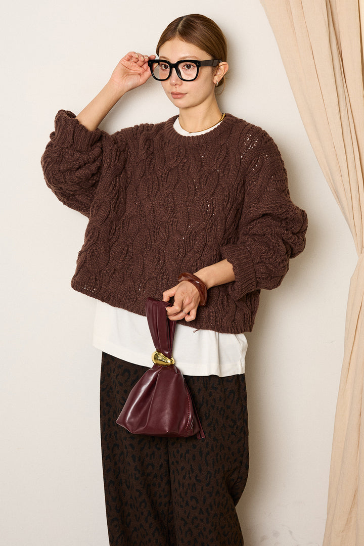 [SET]ケーブルリラックスショートニット+箔プリントBIGシルエットロングスリーブTシャツ+レオパードジャガードニットパンツ(3set)