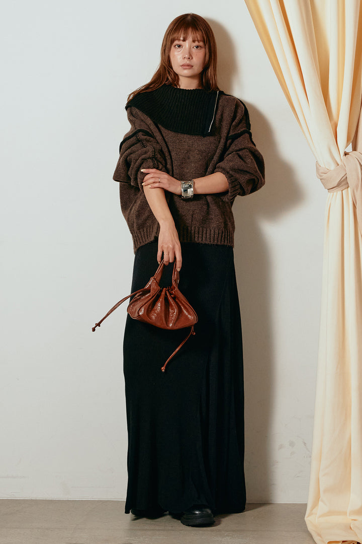 [SET]ハイネックジップデザインニットトップス+サイド切り替えリブニットロングスカート(2set)