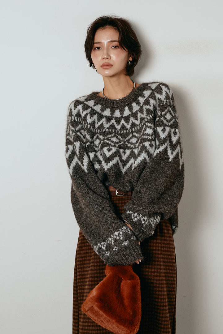 [SET]ノルディック柄Uネックプルオーバー+スエード調ベルト付きチェックナロースカート(2set)