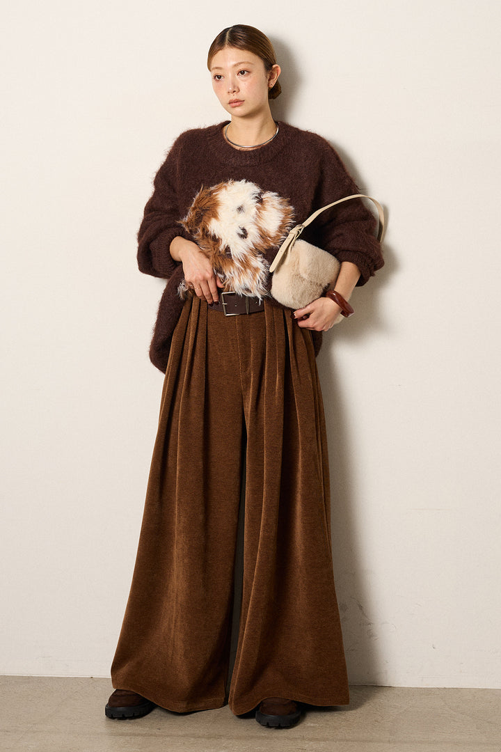 [SET]シャギーニュアンスアニマルニット+ベルトループコーデュロイワイドパンツ(2set)