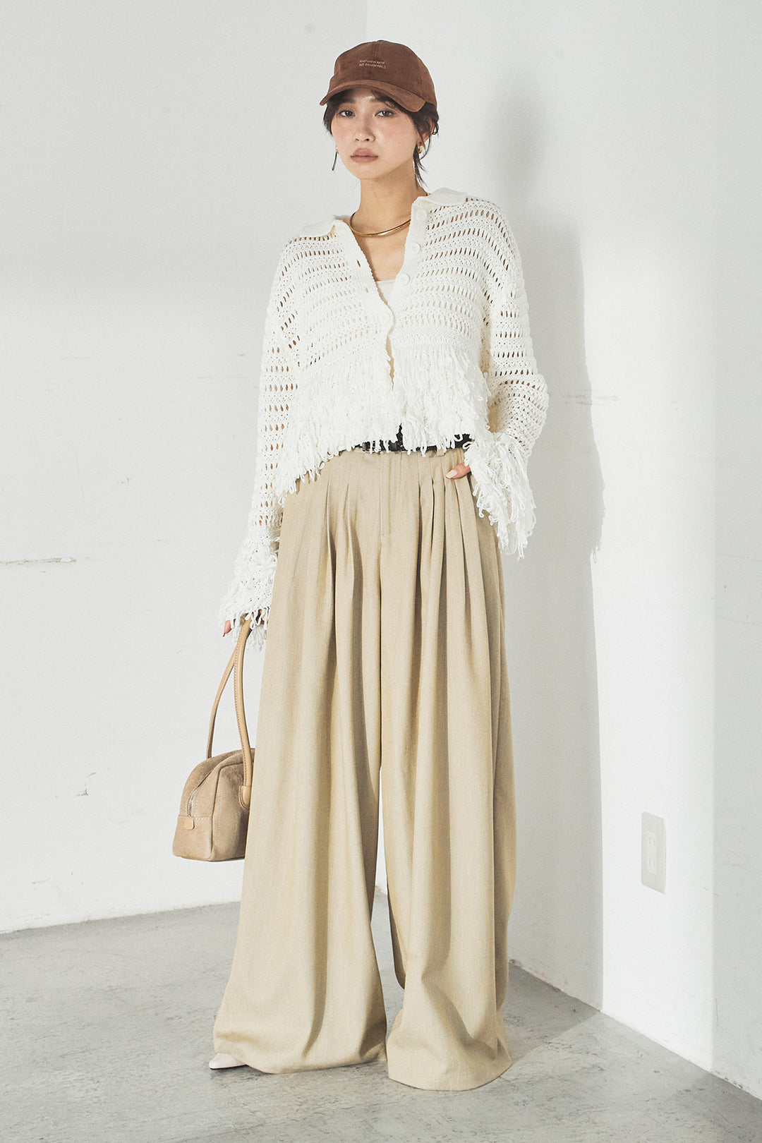 [SET]メッシュフリンジカーディガン+編みベルト付きウエストタックワイドパンツ(2set)