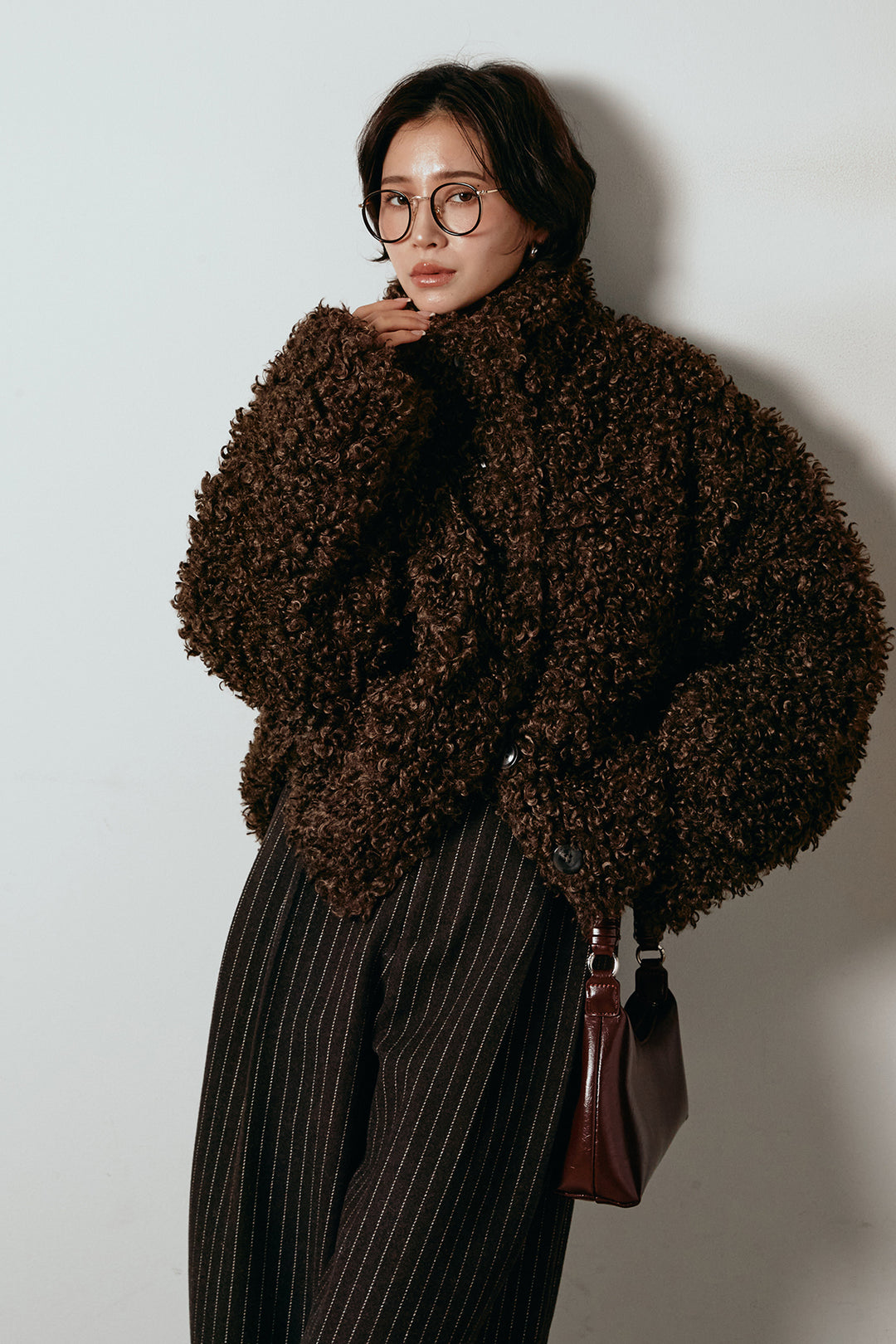 [SET]プードルファーミドルジャケット+ウールライクストライプパンツ(2set)