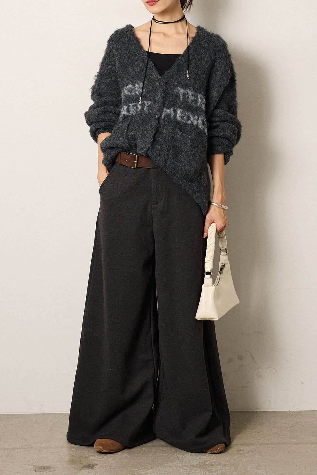 [SET]ウール混透かしロゴニットカーディガン+サイドベルトパンツ(2set)