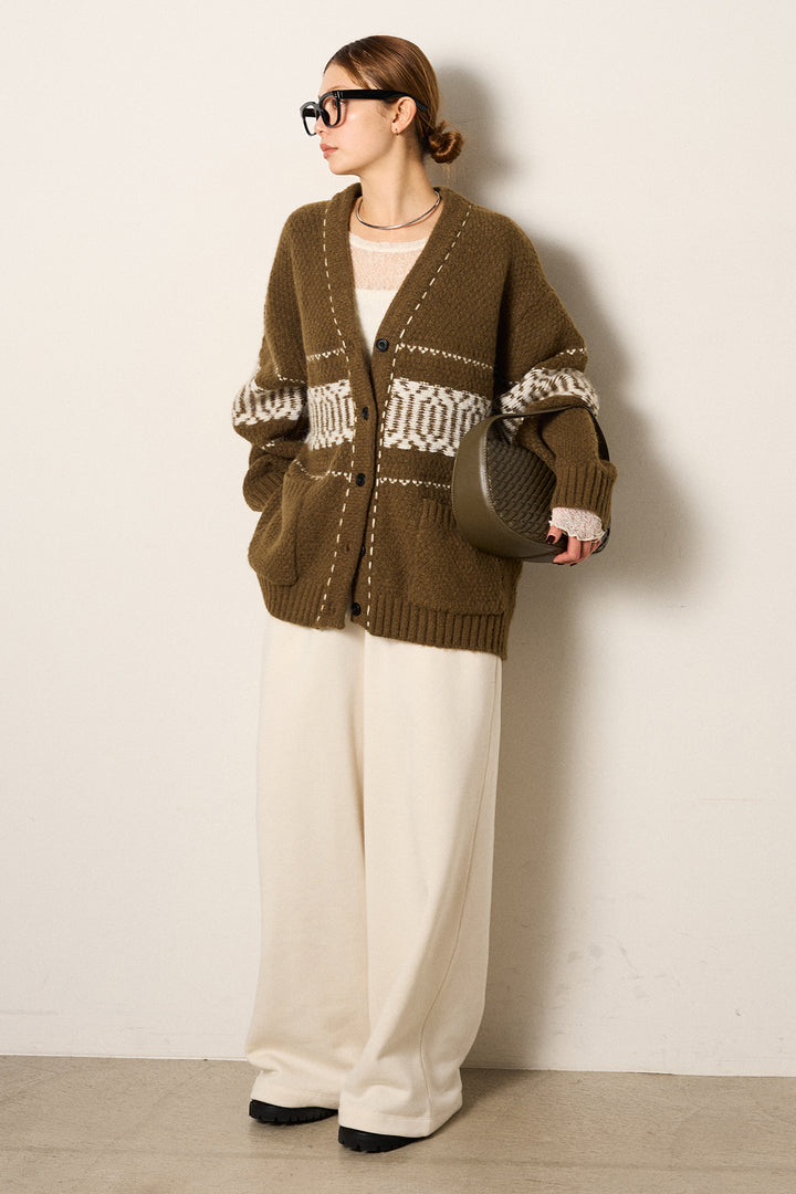 [SET]ライン柄ステッチニットカーディガン+2WAY袖コード刺繍クルーネックプルオーバー(2set)