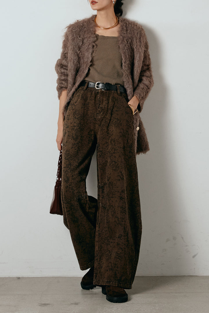 [SET]ウェーブシャギーニットジャケット+ベルト付きニュアンス柄カーブワイドパンツ(2set)