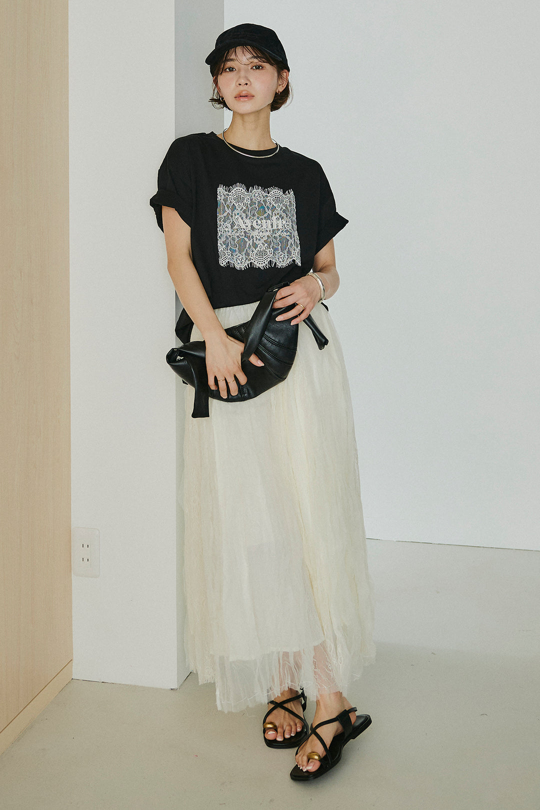 [SET]レースロゴ刺繍Tシャツ+レースコンビワッシャーギャザースカート(2set)