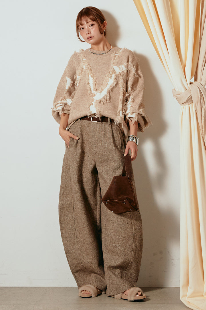 [SET]シャギージャガードニットトップス+ベルト付きネップツイードカーブパンツ(2set)