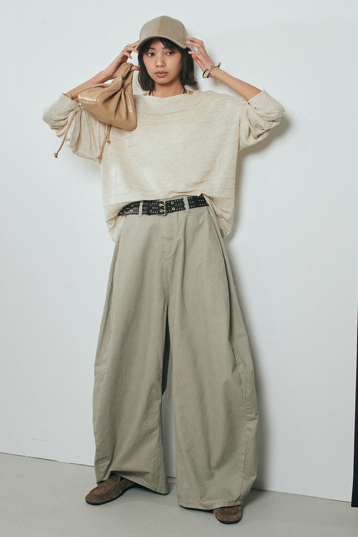 [SET]麻混リラックスニットトップス+ベルト付きカラーデニムパンツ(2set)