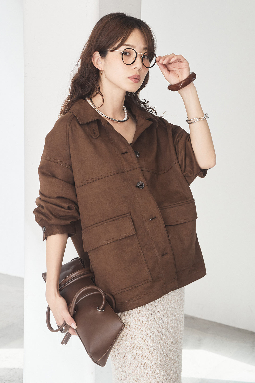 [SET]デカポケスエポンジャケット+ツイード風MIXスラブスカート(2set)