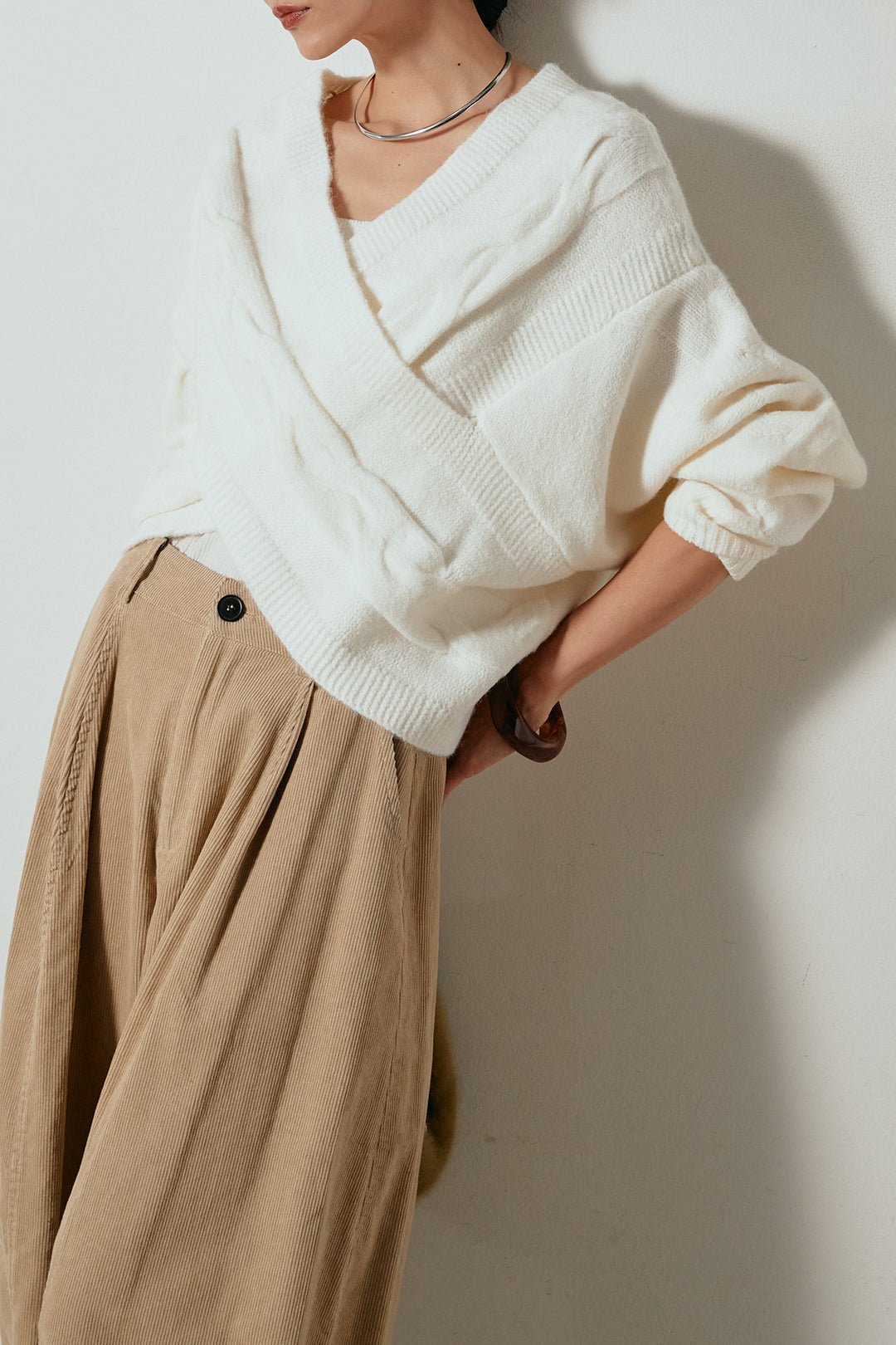 [SET]ケーブルカシュクールニットトップス+タック入りコーデュロイワイドパンツ(2set)