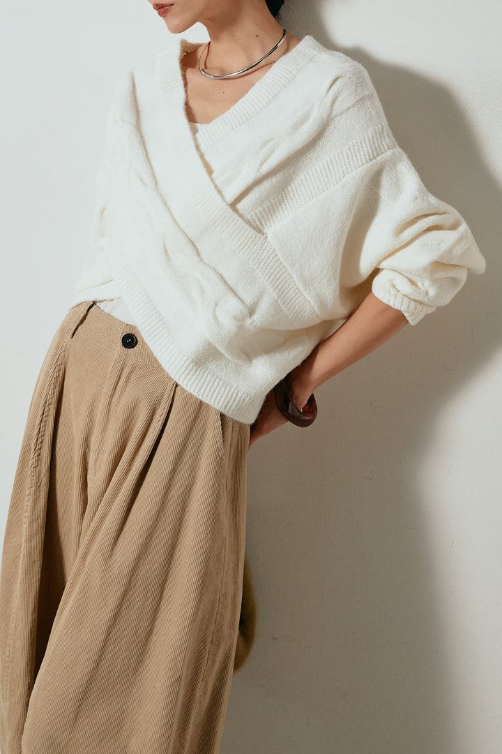 [SET]ケーブルカシュクールニットトップス+タック入りコーデュロイワイドパンツ(2set)