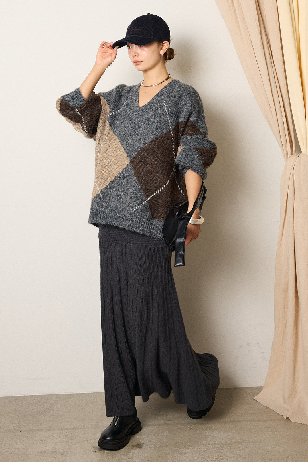 【着回しセット】[SET]ルーズアーガイルVネックニット+編み地切り替えフレアニットスカート+編み地切り替えフレアニットスカート(3set)