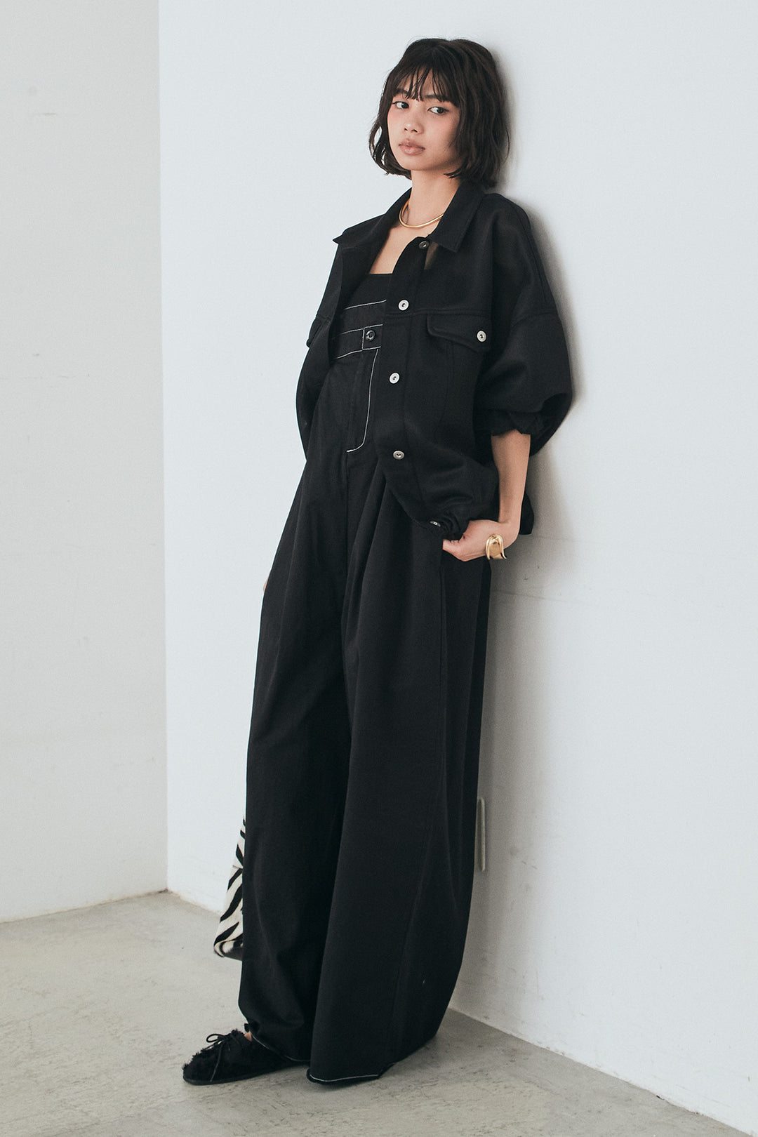 [SET]シアーダンボールサイドドロストジャケット+綿ツイルアシメサロペット(2set)