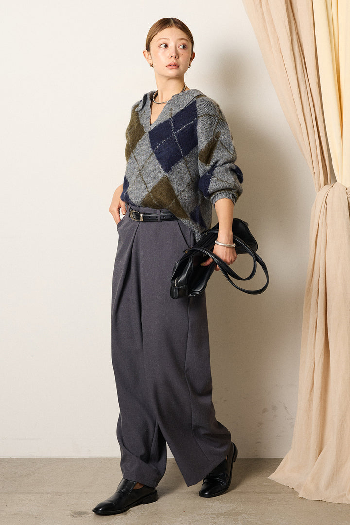 [SET]アクリルモヘアアーガイルキーネックプルオーバー+フロントワイドタックネップ入ワイドパンツ(2set)