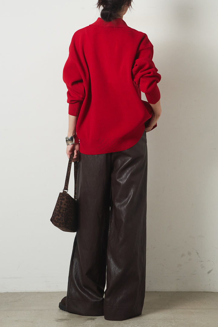 [SET]メタル釦衿付きニットカーディガン+ベルト付きレザーライクタックパンツ(2set)