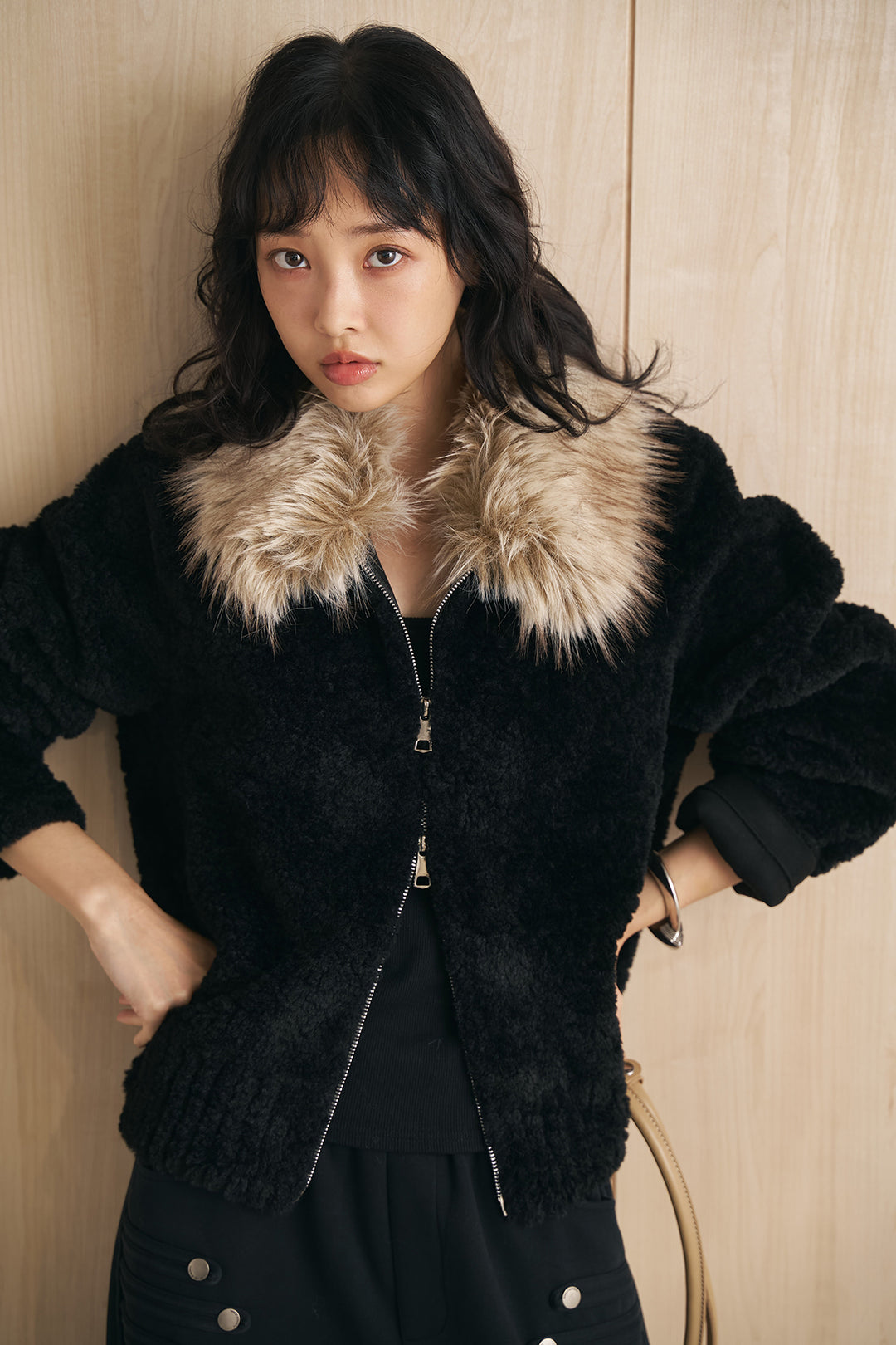 [SET]ブークレファーカラーダブルジップアウター+ナポレオンディテールカーブパンツ(2set)