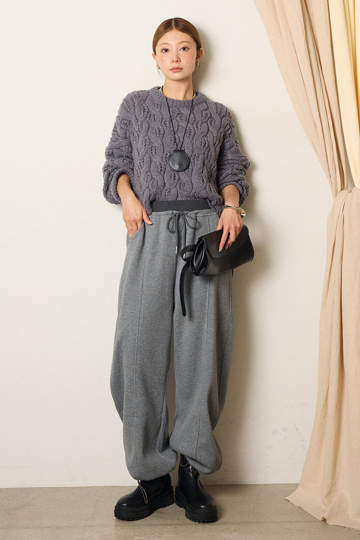 [SET]ケーブルリラックスショートニット+スウェットワイドカーブパンツ(2set)